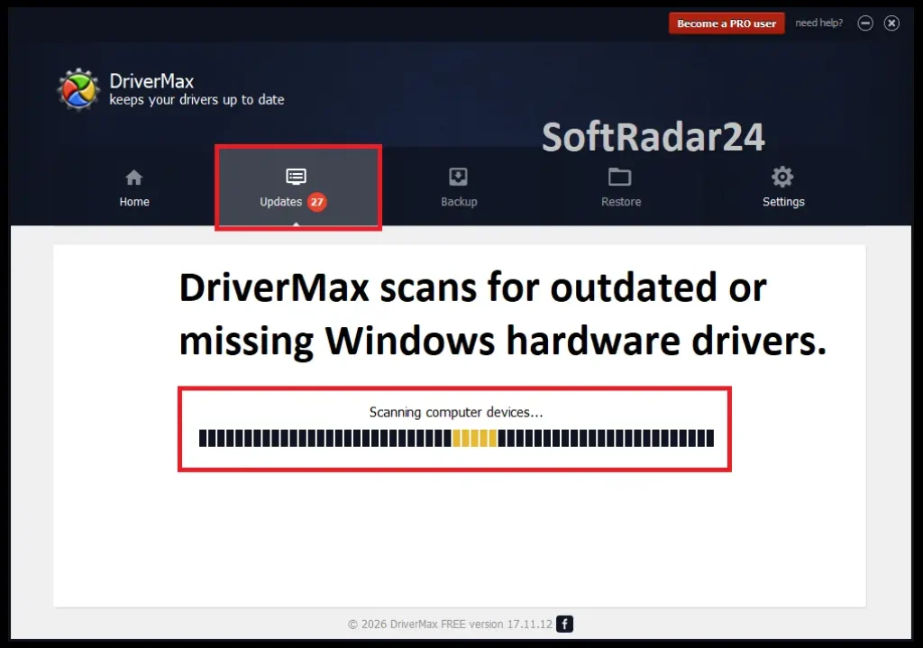 DriverMax software interface performing a deep system scan to detect outdated or missing Windows PC drivers.