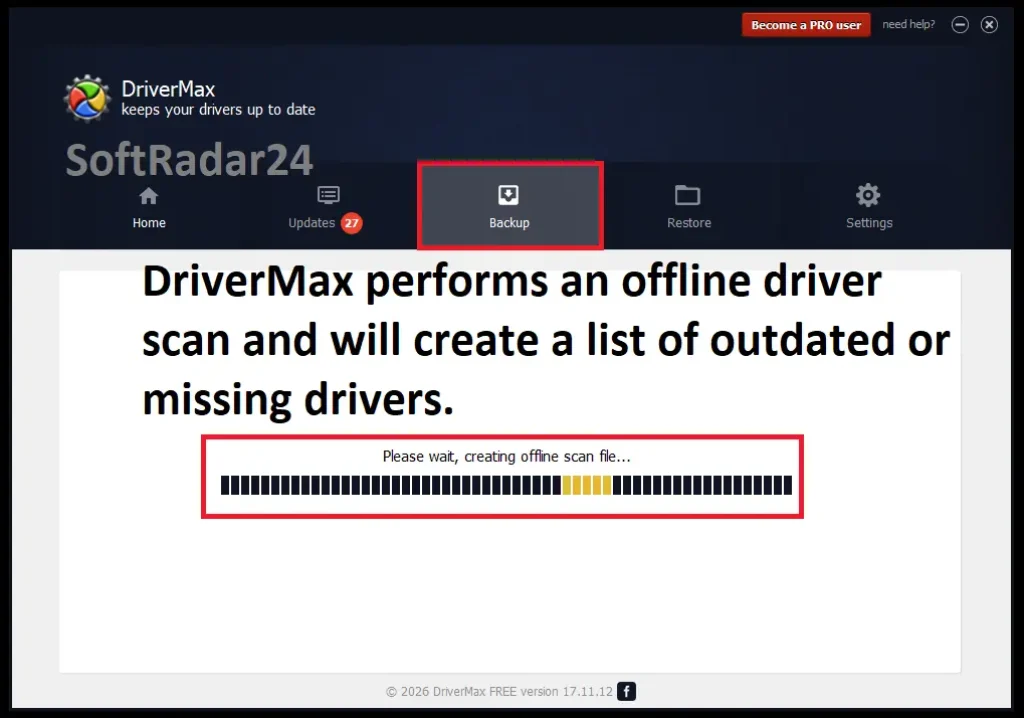 DriverMax offline scan interface showing how to identify missing hardware drivers on a Windows PC without an active internet connection.