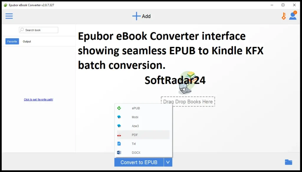 Screenshot of Epubor eBook Converter user interface on Windows showing several EPUB files loaded for batch conversion to Kindle KFX format.
