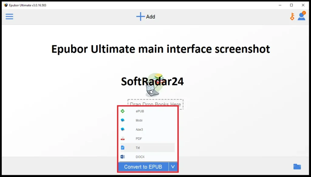 Screenshot of the Epubor Ultimate desktop interface showing a list of decrypted eBooks ready for conversion with its user-friendly drag-and-drop workflow.