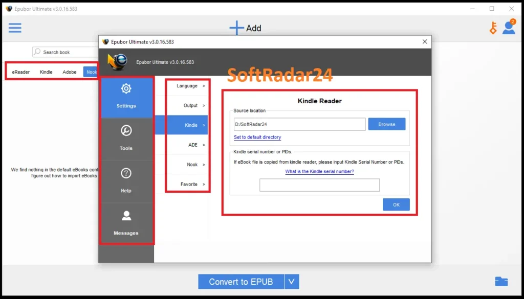Screenshot of the Epubor Ultimate settings panel highlighting options for KFX conversion preferences, custom output folder selection, and automatic update checking to manage evolving eBook DRM.