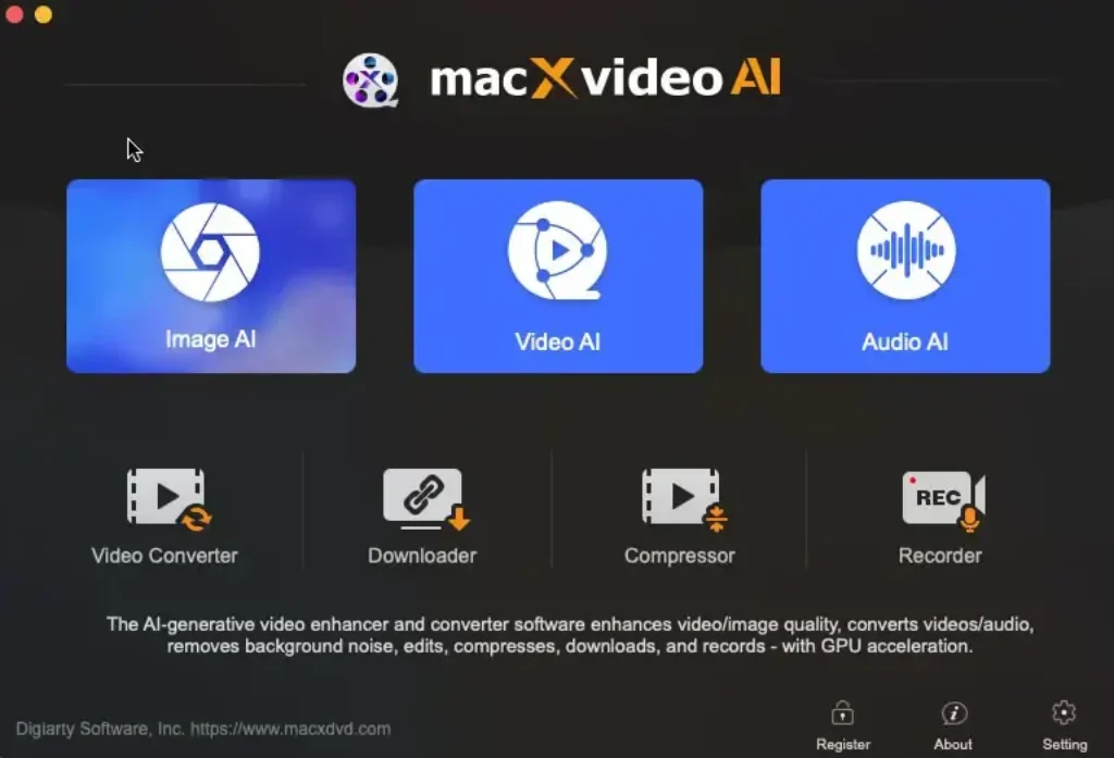 Macxvideo AI software main interface displaying 4K video upscaling, stabilization tools, and GPU acceleration status.