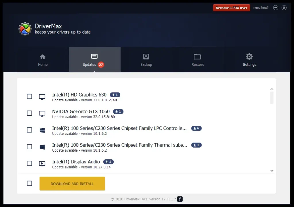 DriverMax software interface displaying a detailed list of scan results, showing outdated Windows hardware drivers ready to be updated.