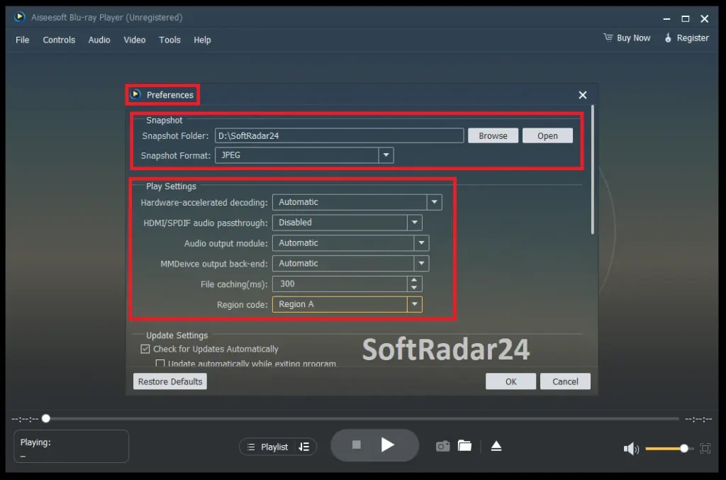 The Preferences settings menu in Aiseesoft Blu-ray Player, showing advanced options for hardware acceleration, audio output, and playback customization.