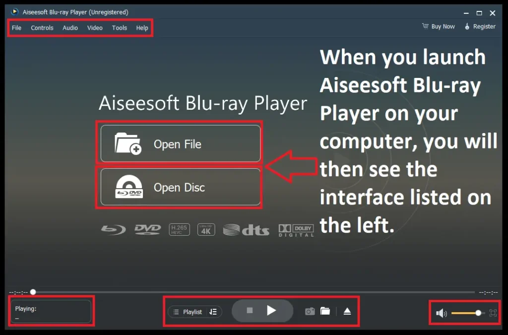 A screenshot showing the sleek user interface of the Aiseesoft Blu-ray Player software, featuring intuitive media playback controls and options to open a file or disc.