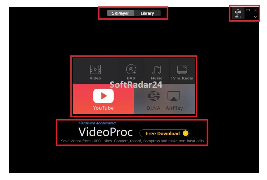 Main interface of 5KPlayer displaying options for 4K video playback, music organization, and DLNA streaming on a computer screen.