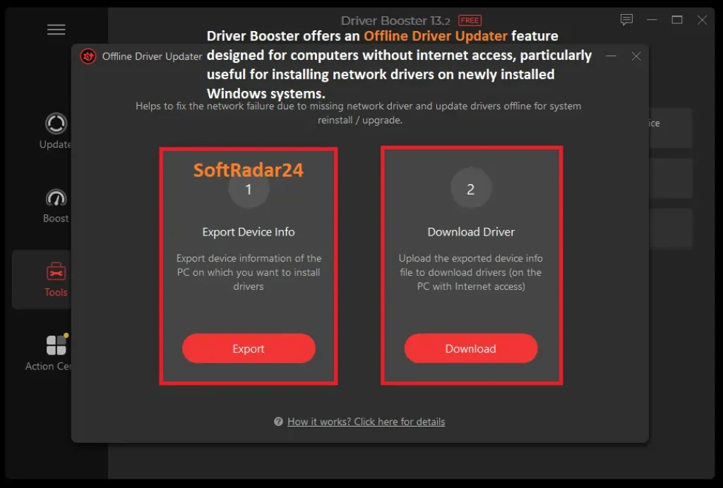 Offline driver updater tool in IObit Driver Booster used to install essential network drivers without internet access