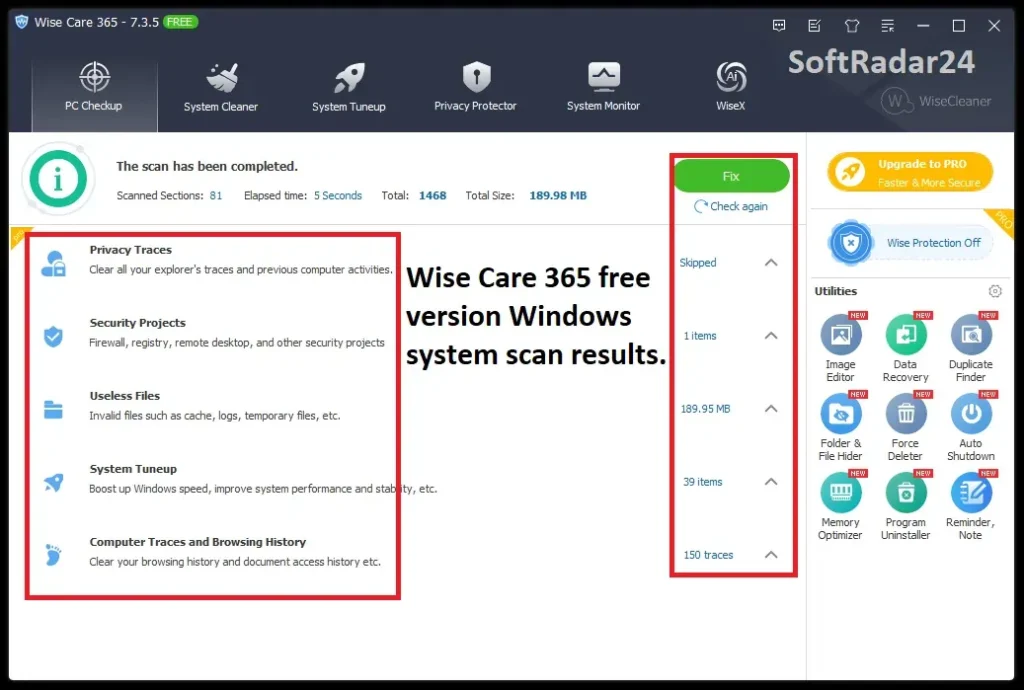 System scan results screen in the free version of Wise Care 365 showing identified PC issues