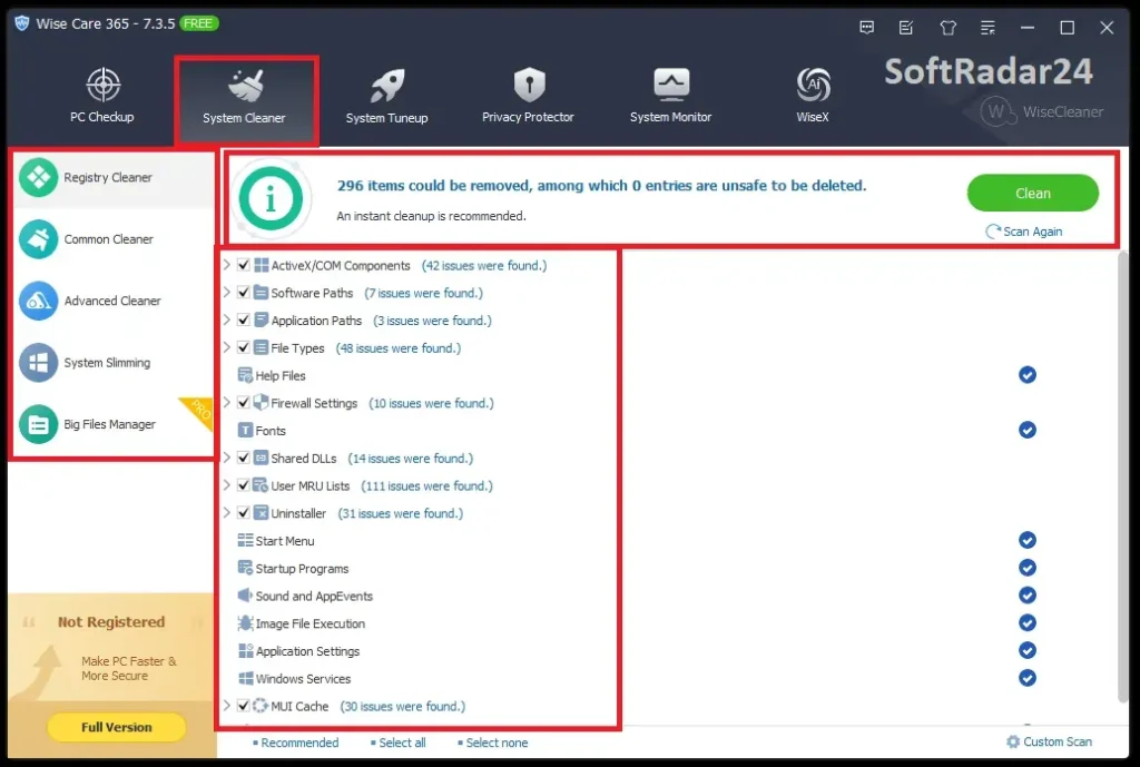 System cleaner scan results in Wise Care 365 displaying temporary files and registry entries found for cleanup