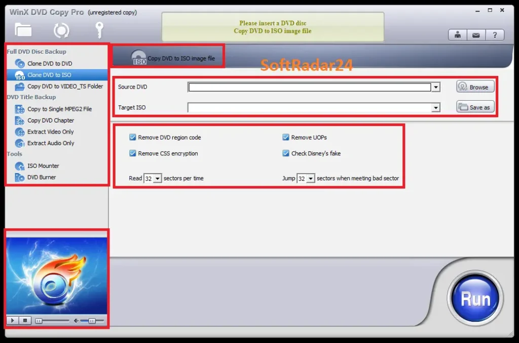 Main interface of WinX DVD Copy Pro showing the nine distinct DVD cloning modes, including DVD to ISO and DVD to DVD options.