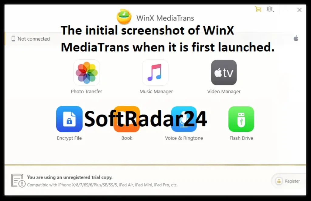 WinX MediaTrans main dashboard interface displaying connected iPhone storage and media transfer options on a Windows PC