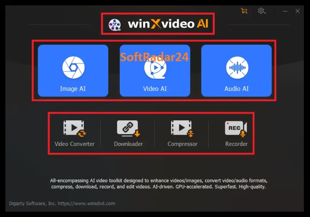 Main user interface of Winxvideo AI displaying the video enhancement, image upscaling, and format conversion modules on a Windows PC.