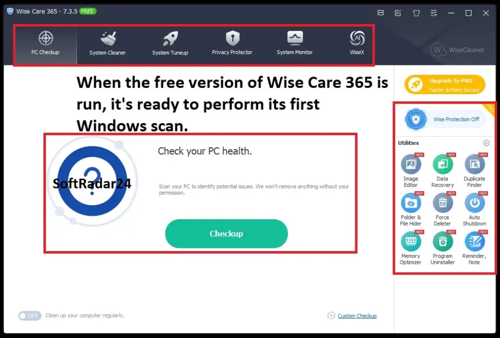 Main dashboard of Wise Care 365 version 7.3.5 showing system optimization tools
