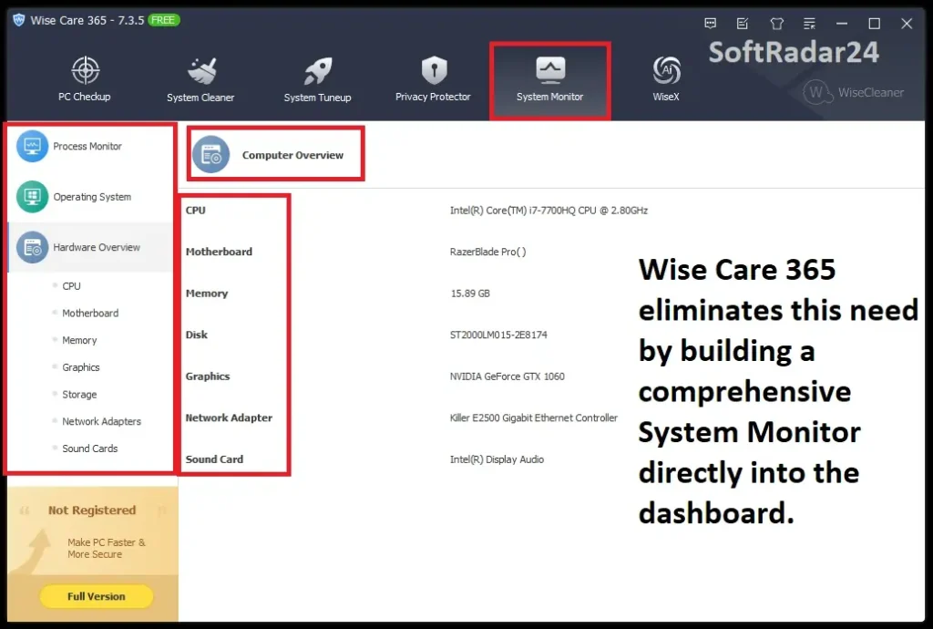 Hardware monitor and system inventory screen in Wise Care 365 displaying real-time component data