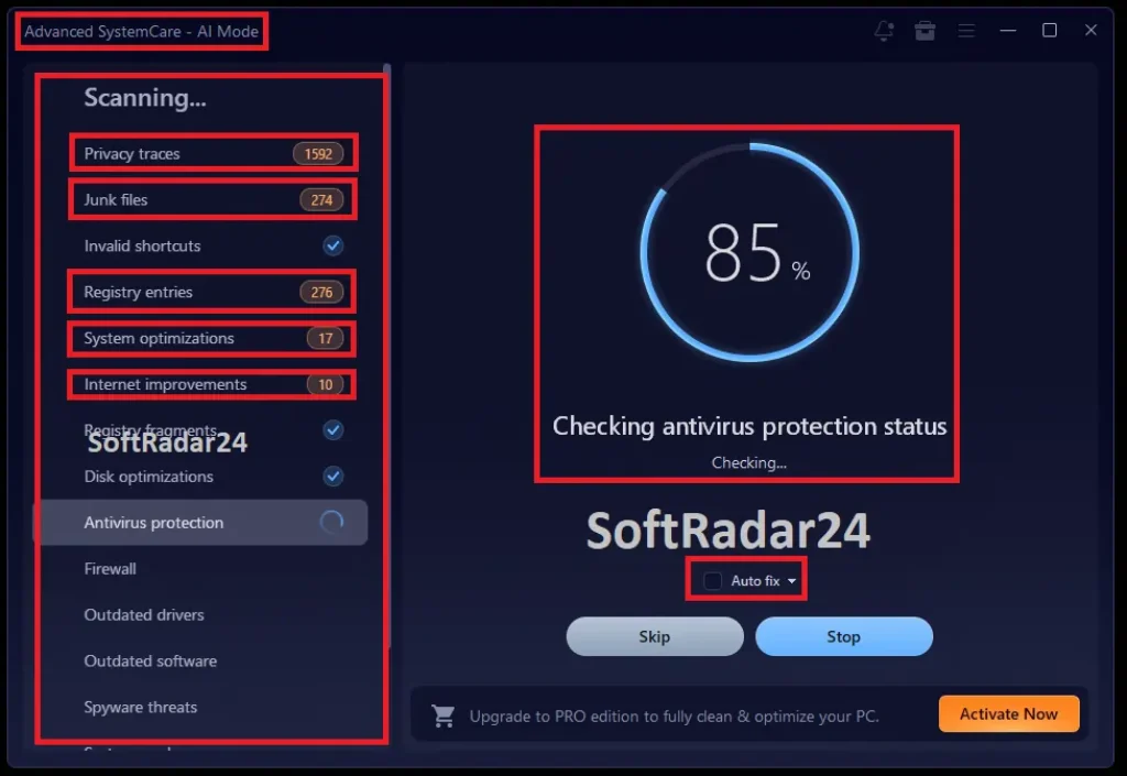 A screenshot of the IObit Advanced SystemCare Pro 19.3 user interface showing an active scan in intelligent AI Mode to optimize Windows system performance.