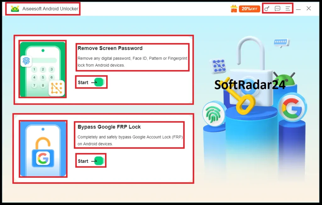 Main dashboard interface of Aiseesoft Android Unlocker highlighting the primary options to bypass Google FRP or remove Android screen locks.