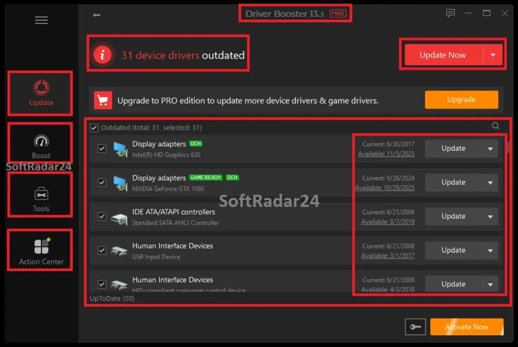 A detailed screenshot of the IObit Driver Booster 13.3 user interface displaying a comprehensive list of outdated device drivers and update options after a system scan.