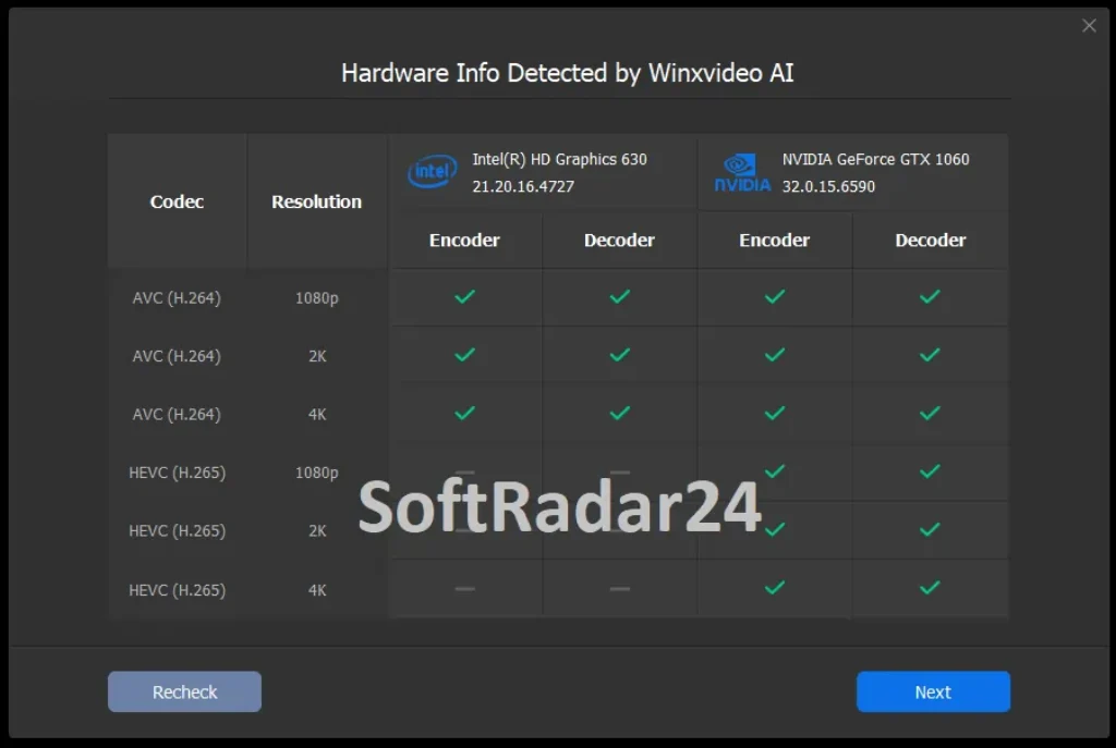 Winxvideo AI interface displaying detected hardware info, including CPU specifications, NVIDIA GPU TensorRT support, Vulkan compatibility, and active Hardware Acceleration Engines.