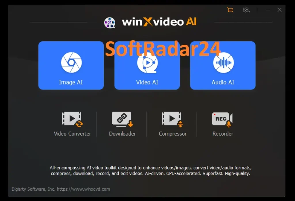 Winxvideo AI main dashboard displaying Super Resolution settings, V3 AI models, and hardware acceleration options for 4K video upscaling.