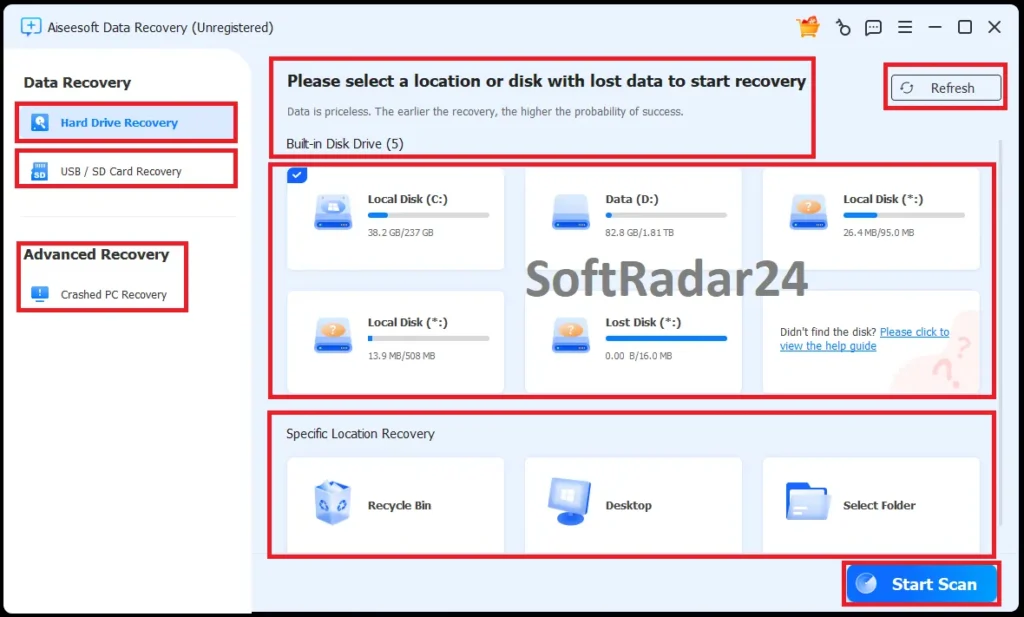 The primary user interface of Aiseesoft Data Recovery highlighting local disk partitions, USB/SD card recovery modules, and advanced crashed PC rescue options.