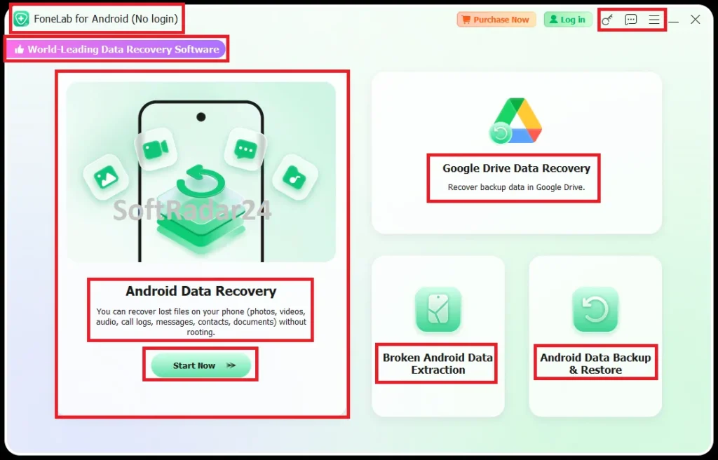 Aiseesoft FoneLab Android Data Recovery main menu displaying four core modules including device extraction, Google Drive recovery, and backup tools.