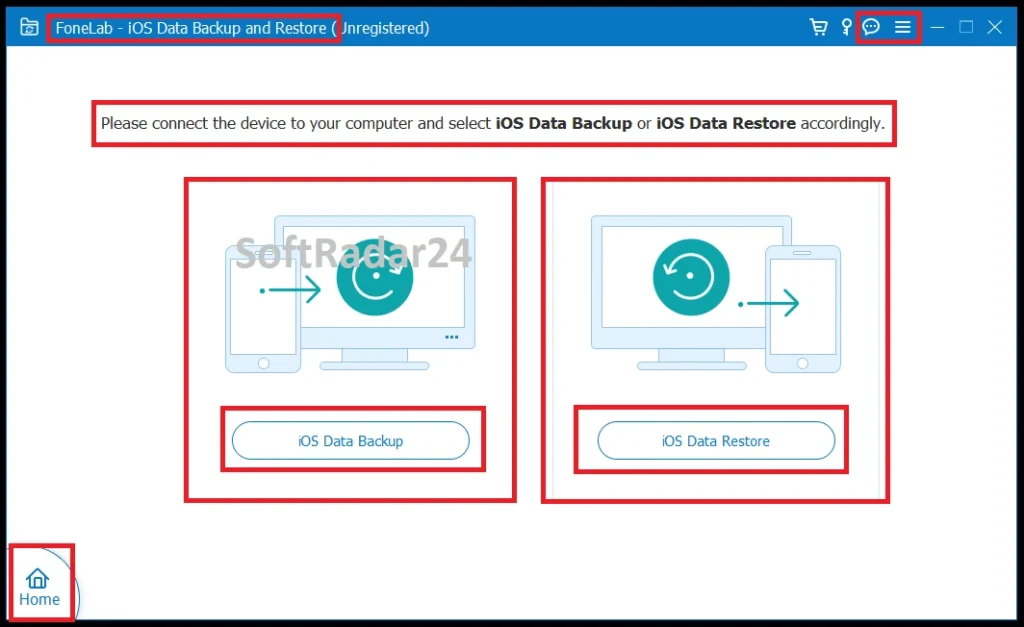 The primary dashboard of FoneLab iOS Data Backup & Restore displaying the dual selection modules for local PC backups and selective iOS data restoration.