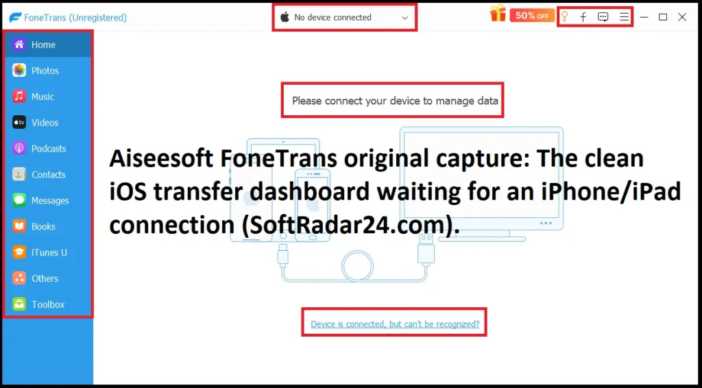 Aiseesoft FoneTrans dashboard interface showing empty categories for Photos, Music, Contacts, Messages, and the status 'Waiting for your device connection'.
