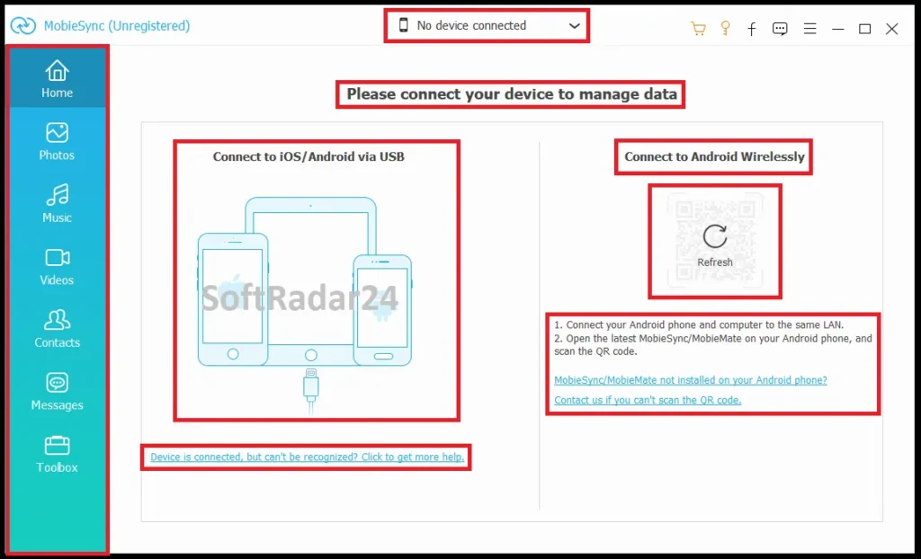 Aiseesoft MobieSync main dashboard displaying the USB cable and wireless QR code connection methods for mobile devices.