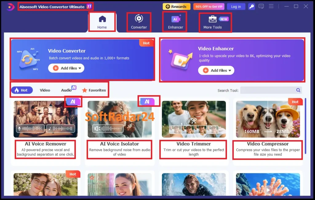 Aiseesoft Video Converter Ultimate 11 interface featuring AI Video Enhancer for 8K upscaling and AI Voice Remover for surgical vocal separation.