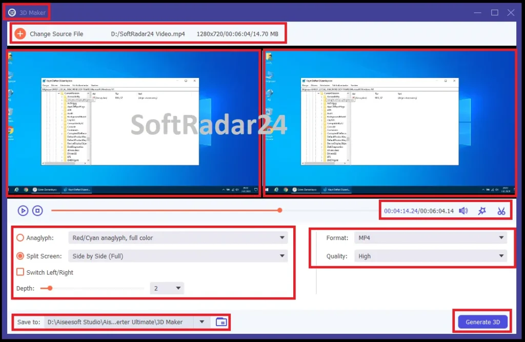 3D Maker interface in Aiseesoft Video Converter Ultimate featuring Side-by-Side and Anaglyph settings with adjustable stereoscopic depth control.