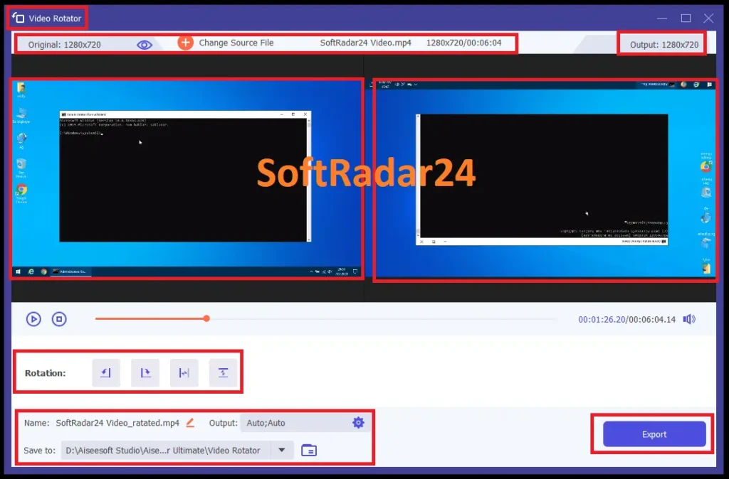 Aiseesoft Video Converter Ultimate Video Rotator interface showing 90-degree rotation and horizontal/vertical flip options for correcting video orientation.
