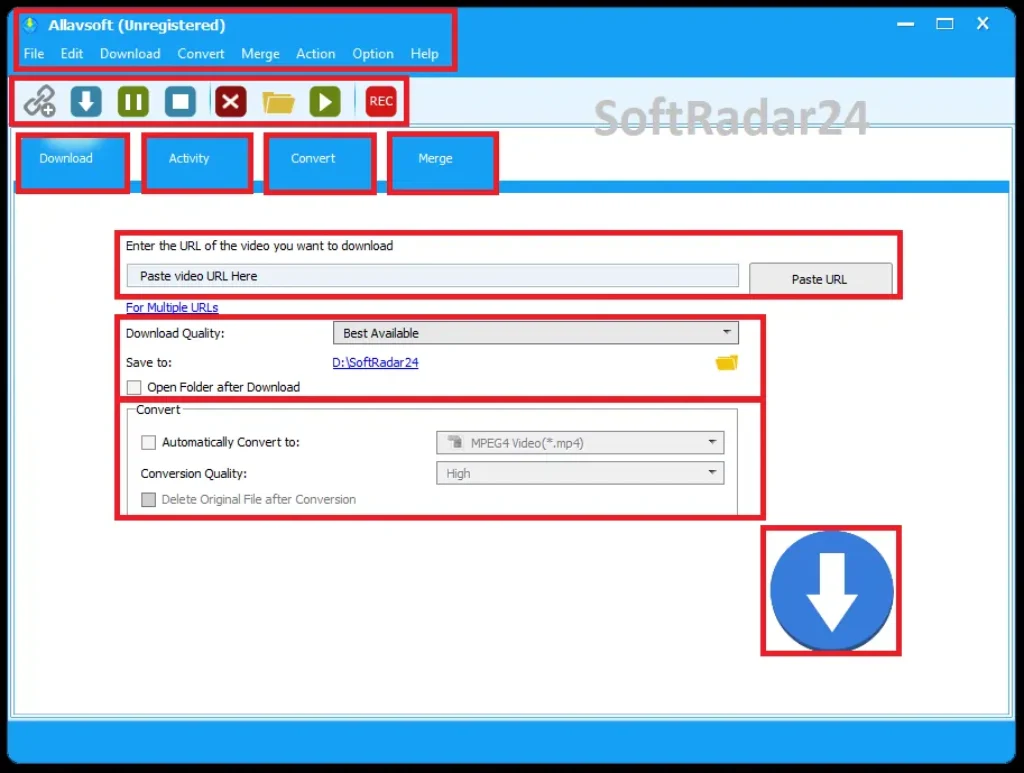 Allavsoft main interface showing the download tab, URL input field, and MP4 video conversion settings.