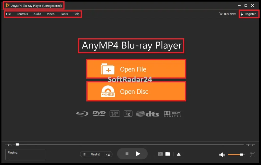 The main dashboard of AnyMP4 Blu-ray Player highlighting the top-right Register button required to input the promotional license code.