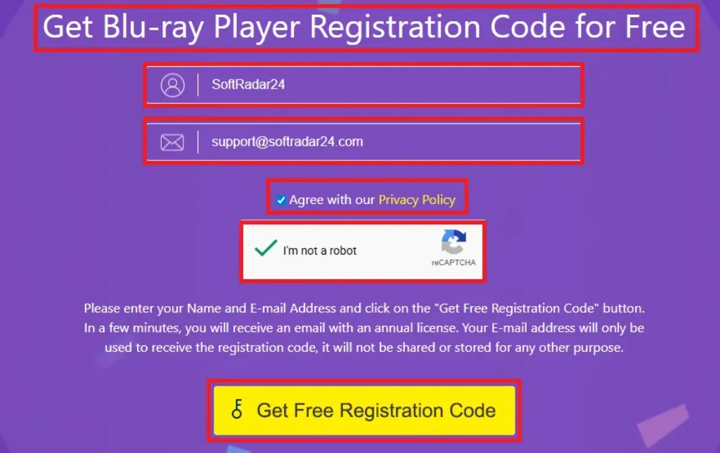 Official AnyMP4 Blu-ray Player giveaway portal displaying the email input fields and security checkpoints required to generate a free 1-year registration code.