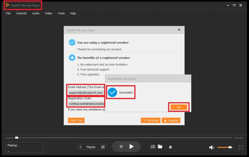 AnyMP4 Blu-ray Player authentication interface displaying the successful validation of the promotional license code and email address.