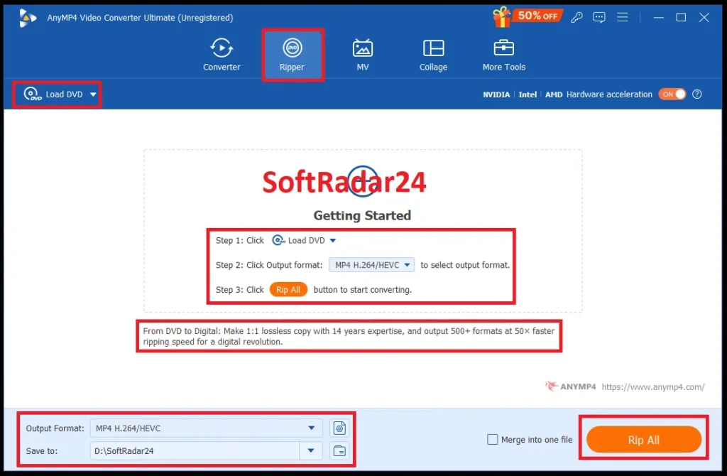 AnyMP4 Video Converter Ultimate DVD ripper interface highlighting the Load DVD button, 1:1 lossless copy feature, and digital extraction settings.