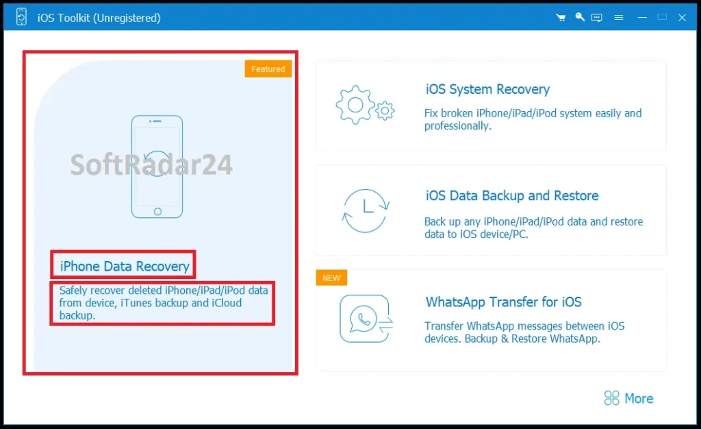 The main interface of AnyMP4 iPhone Data Recovery highlighting the primary module to rescue deleted data from iOS devices and backups.
