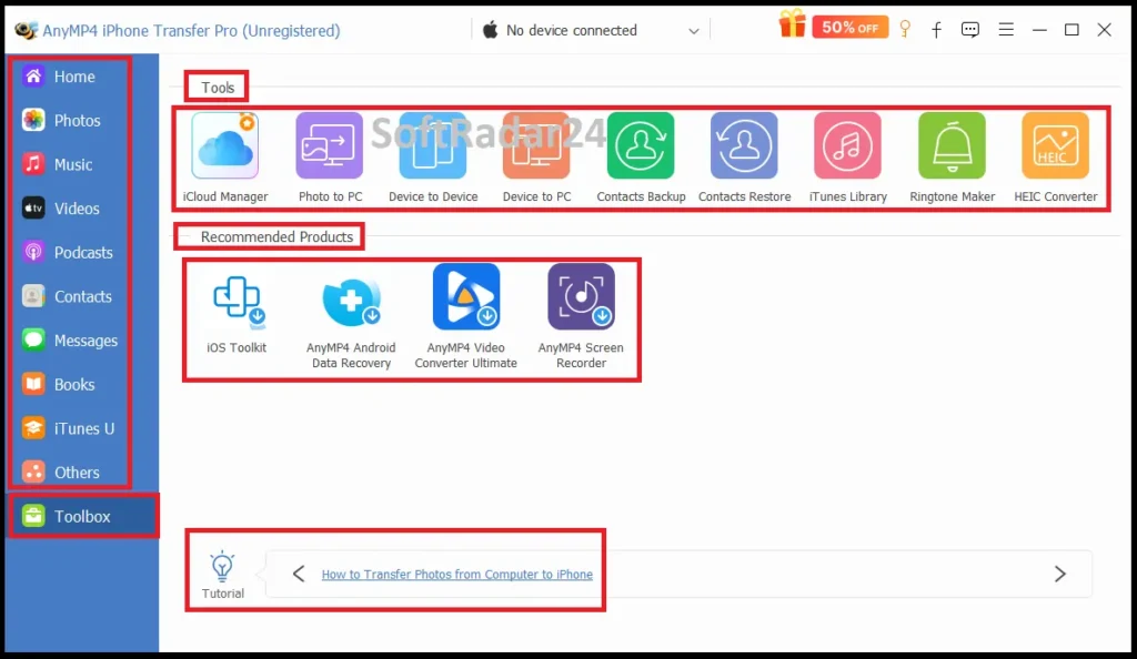 Displaying AnyMP4 iPhone Transfer Pro Toolbox features such as HEIC Converter, Ringtone Maker, Contacts Backup, and Device to Device transfer options.