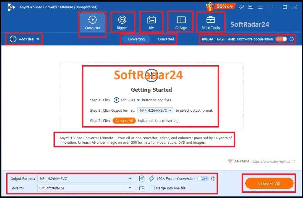 AnyMP4 Video Converter Ultimate main interface displaying the converter dashboard, DVD ripper module, and active GPU hardware acceleration settings.