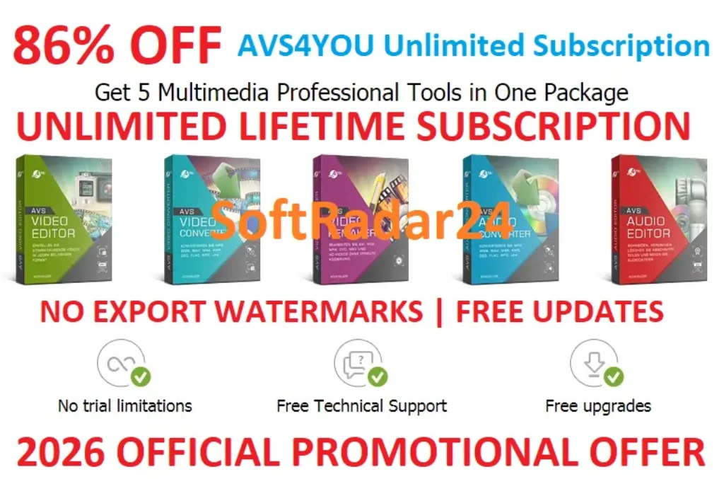 Promotional banner offering an 86% discount on the AVS4YOU Unlimited Subscription lifetime license, featuring 5 multimedia tools without export watermarks for 2026