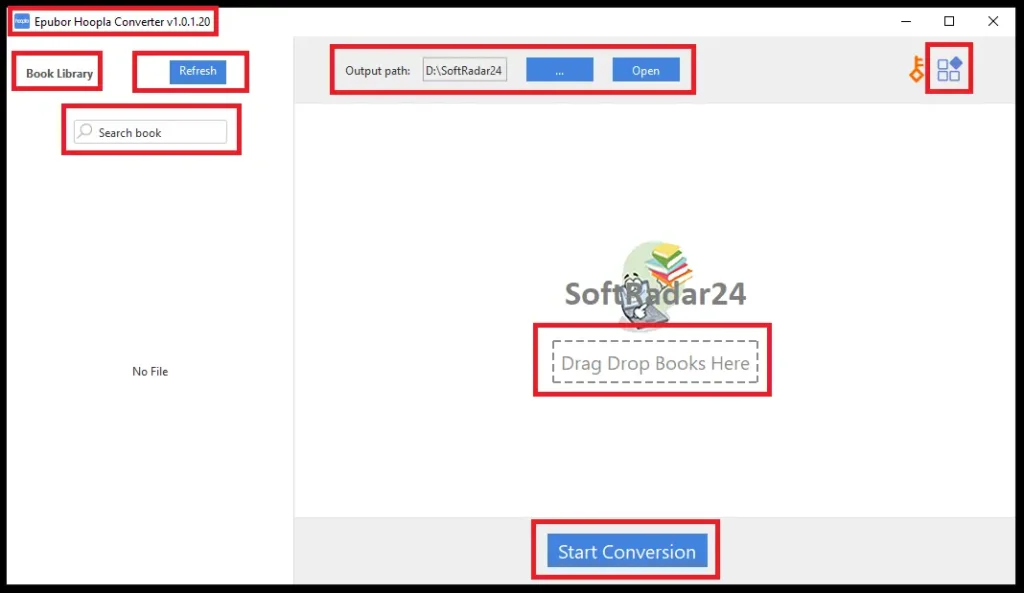Epubor Hoopla Converter main interface showing the drag and drop area for converting Hoopla library books to EPUB and PDF formats.