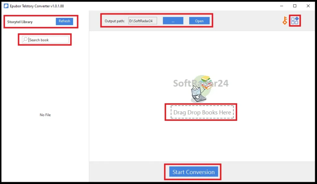 The main interface of Epubor Telstory Converter showing the library refresh button, drag and drop area, and start conversion options.