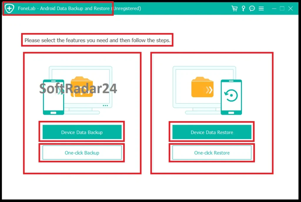 FoneLab Android Data Backup and Restore main menu displaying options to execute a local device data backup or restore an offline archive.