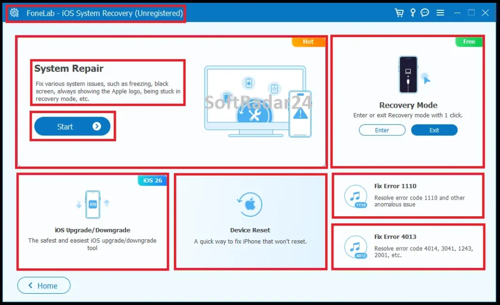 The main dashboard of FoneLab iOS System Recovery displaying the system repair tool, iOS 26 downgrade module, and specific iTunes error patching features.