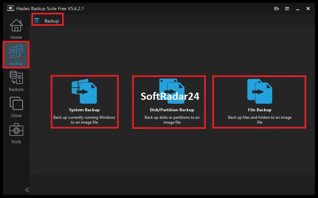 Hasleo Backup Suite user interface highlighting the three primary backup modules: System Backup for Windows OS, Disk/Partition Backup, and File/Folder Backup.