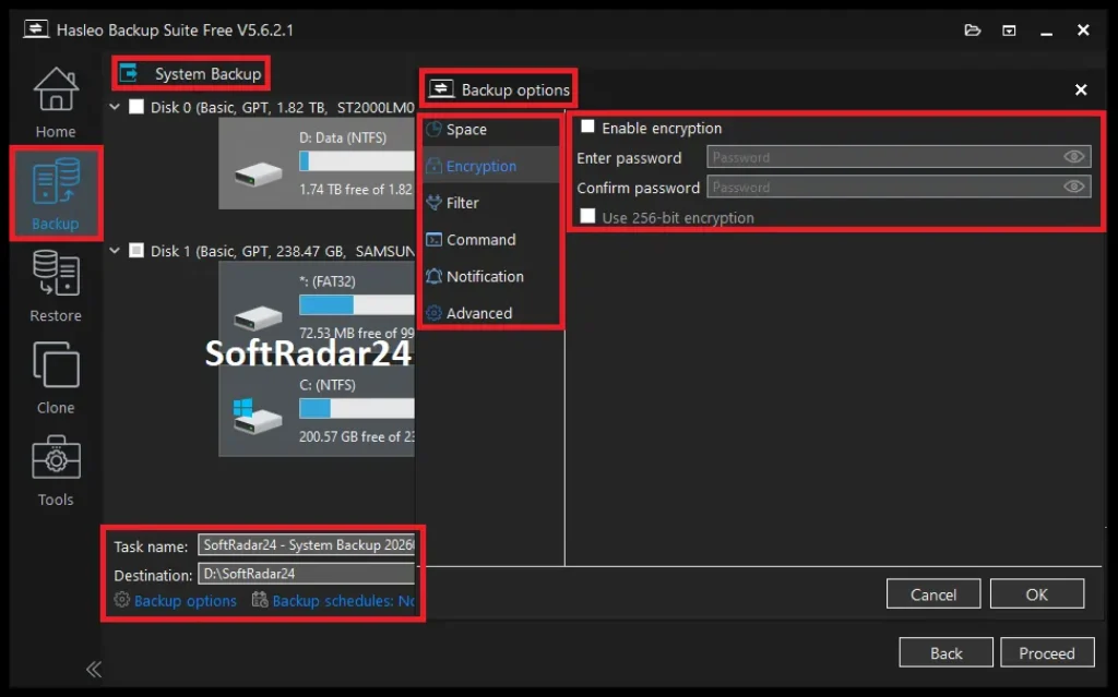 Detailed configuration screen of Hasleo Backup Suite System Backup, showing the Backup Options menu with AES-256 bit encryption enabled and custom task destination settings.
