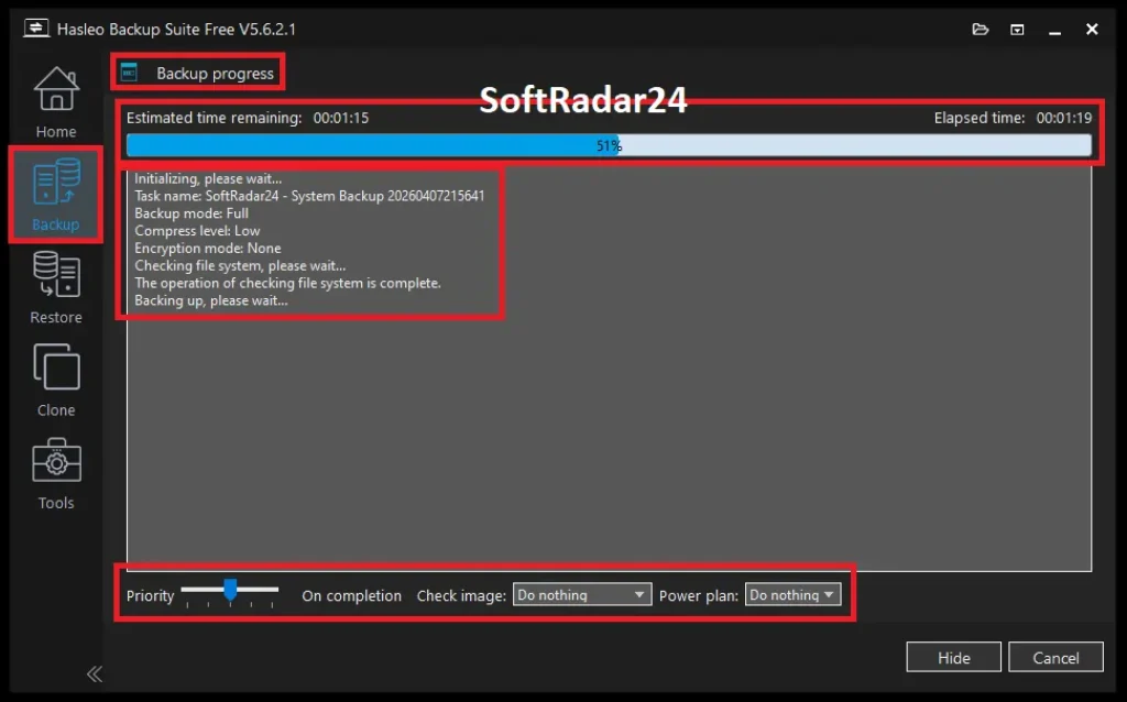 The real-time backup progress interface of Hasleo Backup Suite, displaying the 51% completion status, estimated time remaining, system backup logs, and resource priority slider.