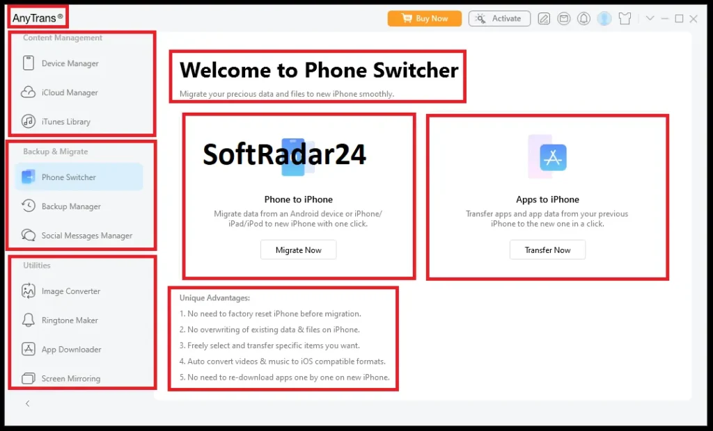 iMobie AnyTrans Phone Switcher dashboard displaying Android to iPhone data migration without a factory reset.
