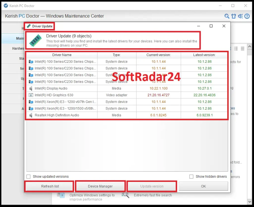 The Driver Update interface in Kerish PC Doctor displaying a detailed list of outdated system devices, video adapters, and media drivers ready for an official upgrade.