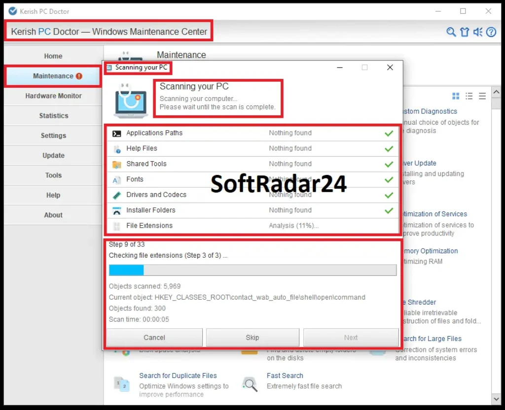 Active system scanning window in Kerish PC Doctor Maintenance Center displaying the real-time diagnostic progress across application paths, drivers, codecs, and file extensions.